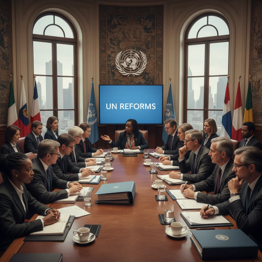 Diplomats discussing UN reforms at a conference table