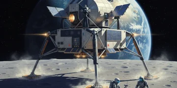 Futuristic NASA lunar lander on moon with Earth in background