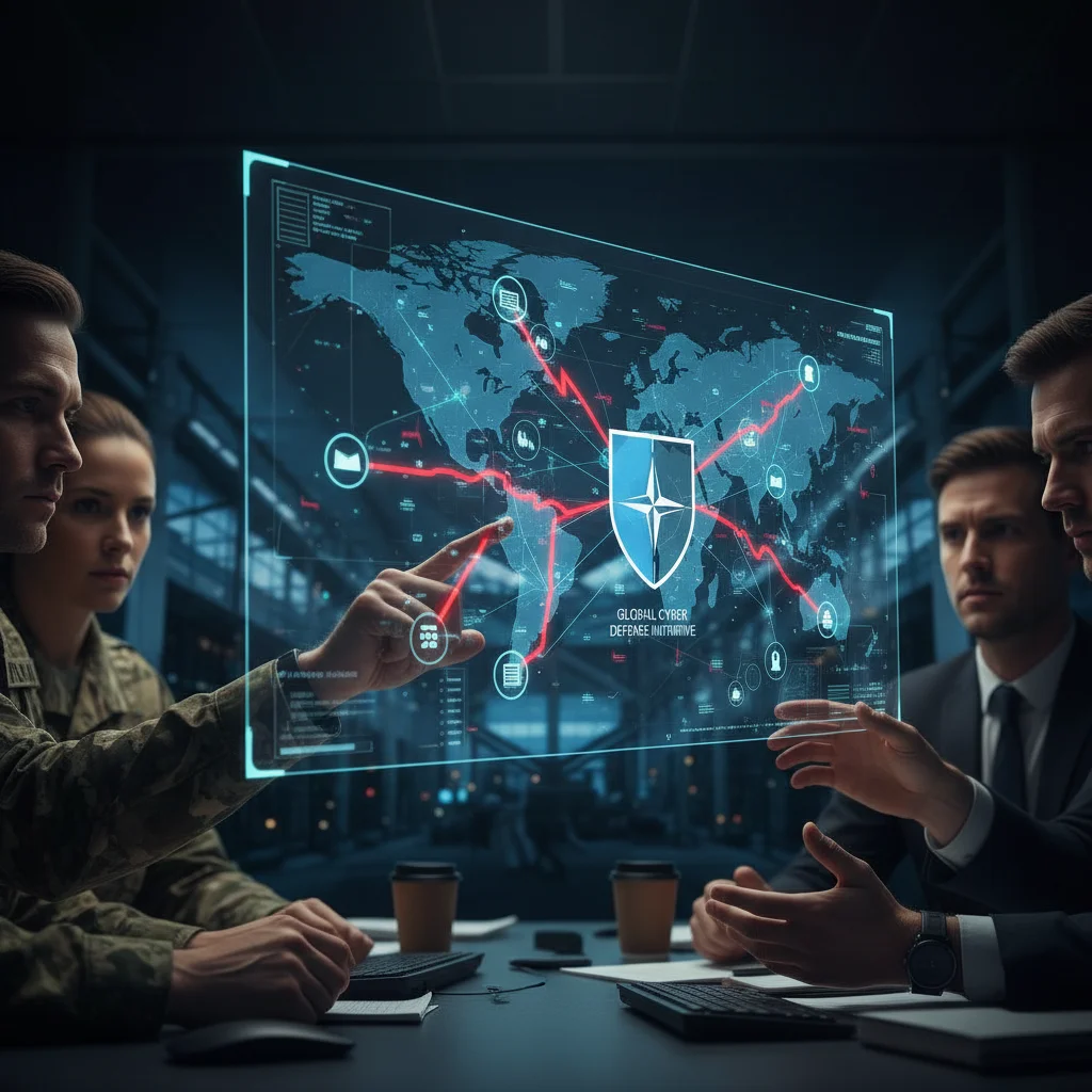 Cybersecurity threat map and NATO experts collaborating on digital defense