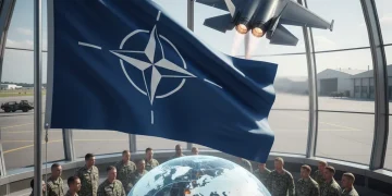 NATO flag with military aircraft and personnel, symbolizing strategic evolution