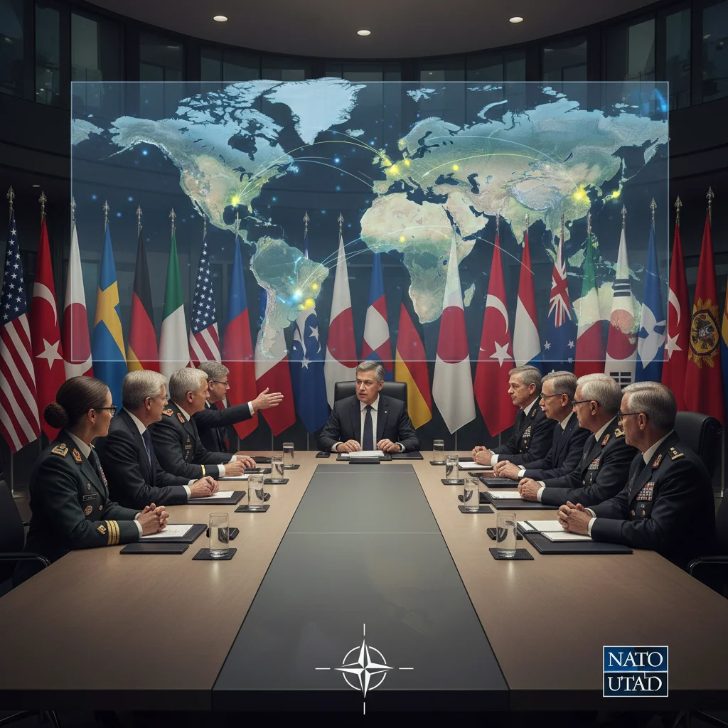 Diplomats and military leaders discussing global partnerships at a NATO conference