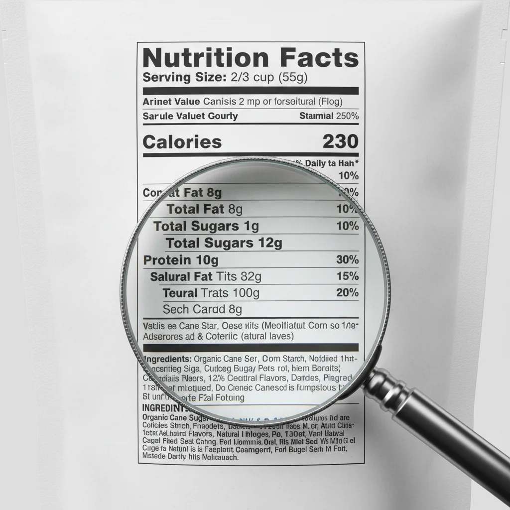 Close-up of a 2026-compliant Nutrition Facts panel with a magnifying glass on the ingredients list.