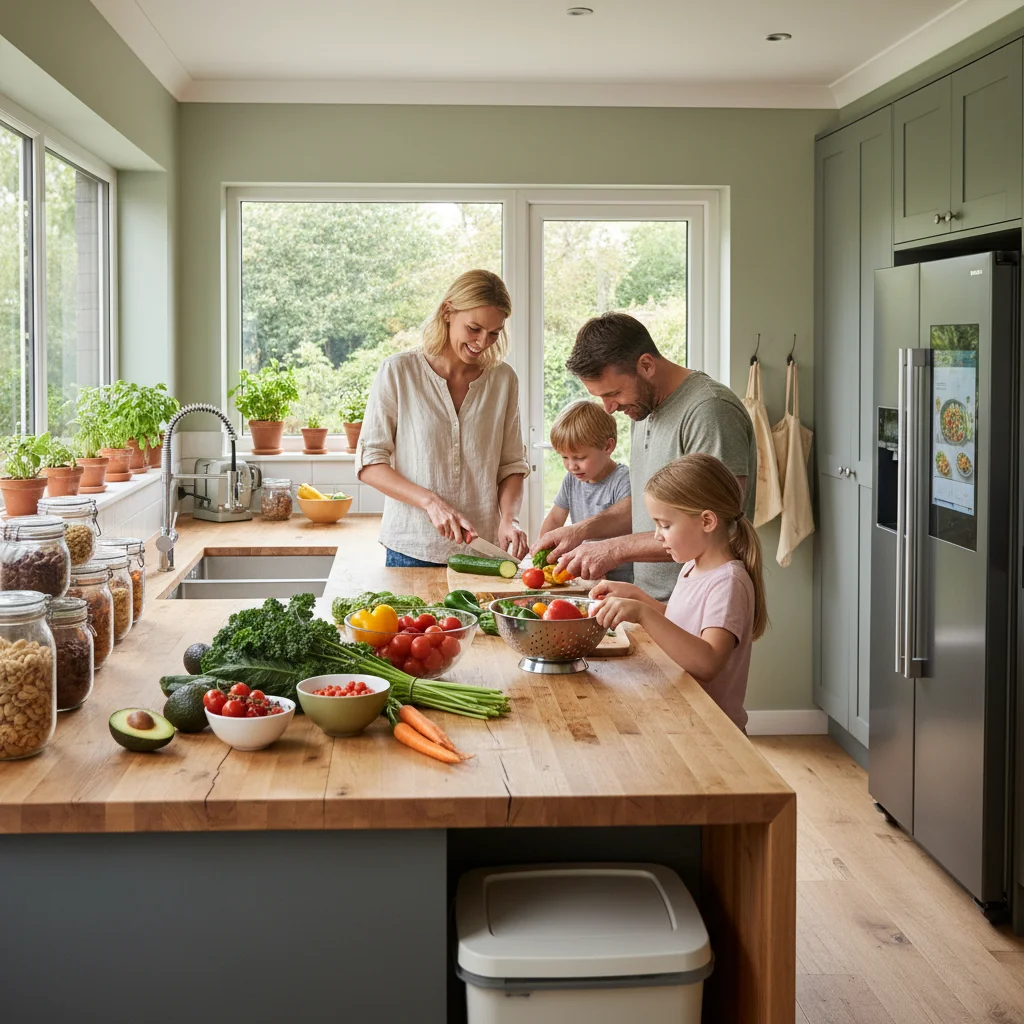 Family preparing a healthy meal with organic produce in an eco-friendly kitchen, promoting fresh food and reduced waste.