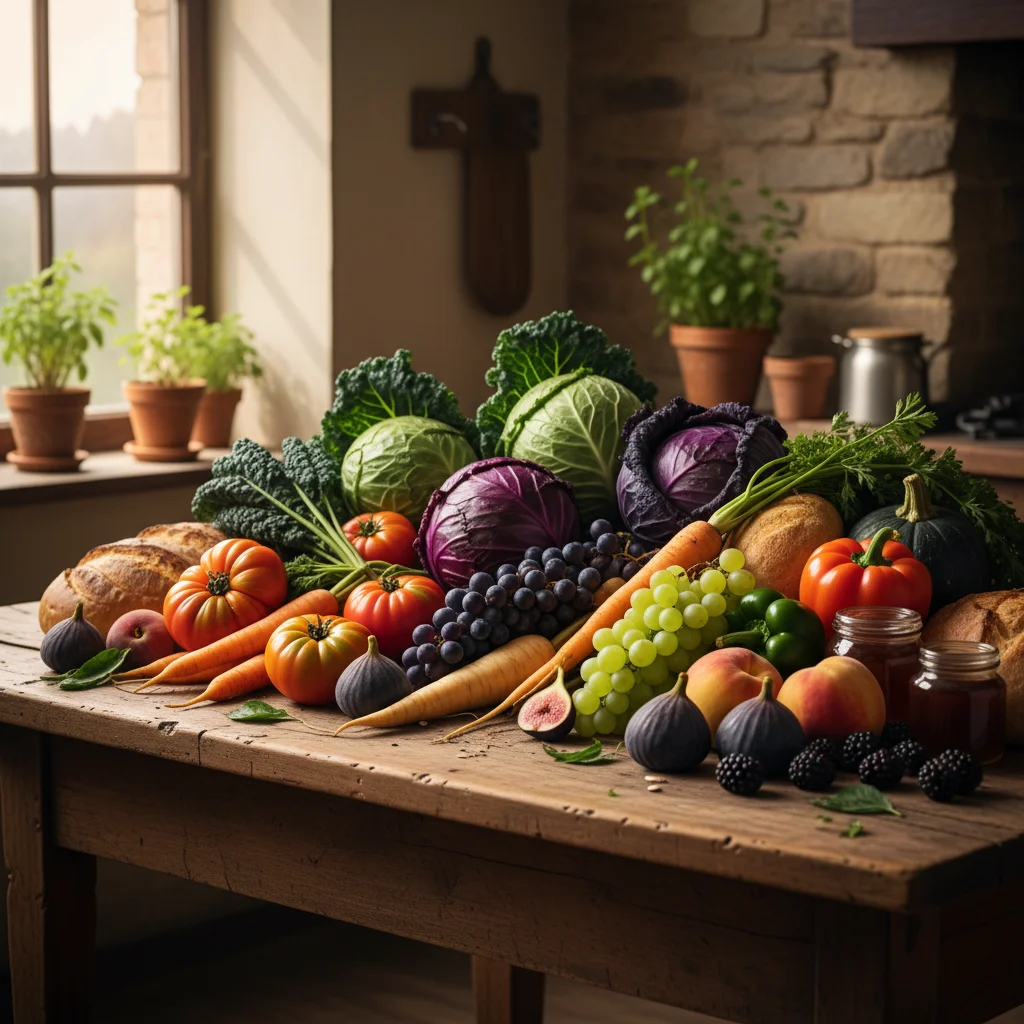 Assortment of fresh, organic, local vegetables and fruits on a rustic wooden table.