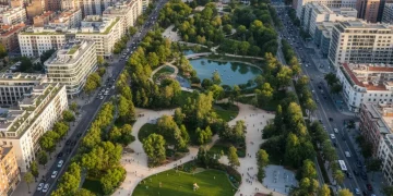 Vista aérea de un parque urbano moderno en una ciudad española, con árboles, senderos y personas disfrutando.