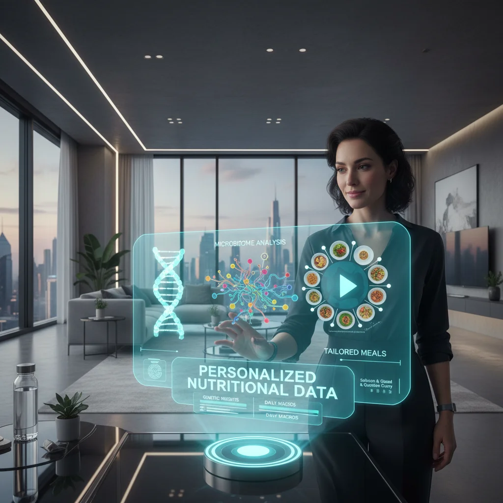 Person viewing holographic display with personalized nutrition data and meal recommendations.