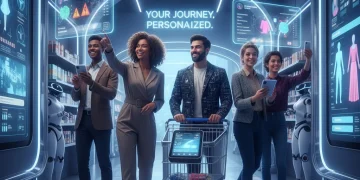 Customers engaging with personalized retail experiences across digital and physical touchpoints.