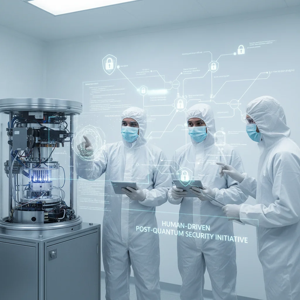 Scientists developing post-quantum cryptography in a secure lab.