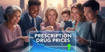 People optimistically viewing prescription cost savings on a tablet in 2026
