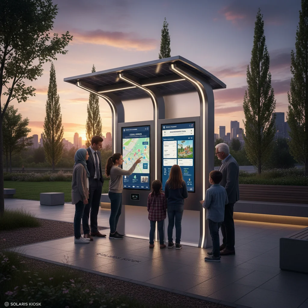 Citizens using a public smart kiosk for information in a city park.