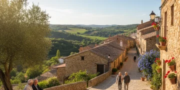 Pueblo rural español con casas de piedra y colinas verdes, reflejando el auge del turismo rural.