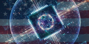 Quantum processor illuminating secure data networks with U.S. cyber defense symbols.