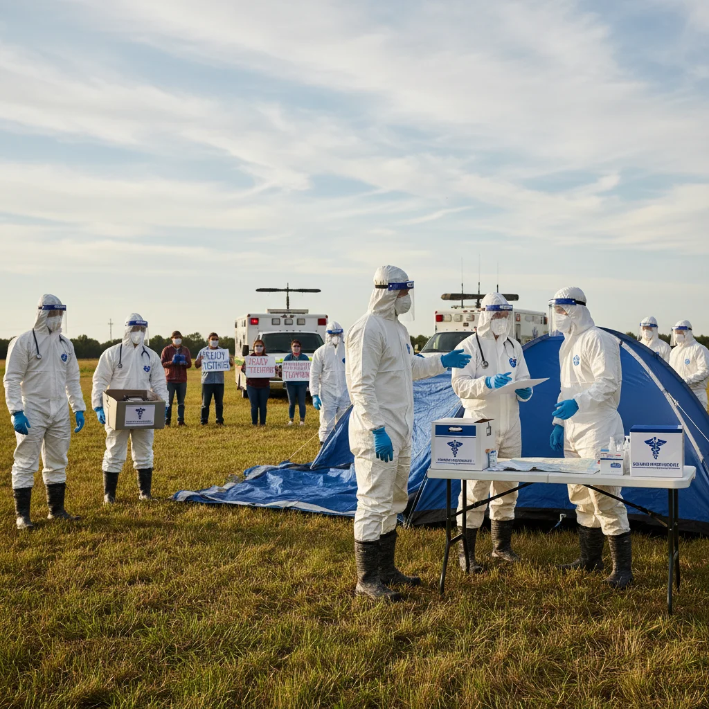International healthcare workers in protective gear, forming a rapid response team in a field setting.