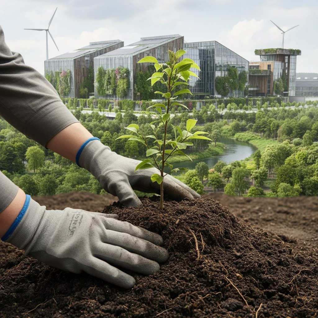 Hands planting a tree, symbolizing corporate reforestation and environmental stewardship.