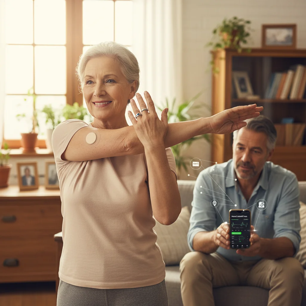 Elderly person with health wearables, family monitoring remotely