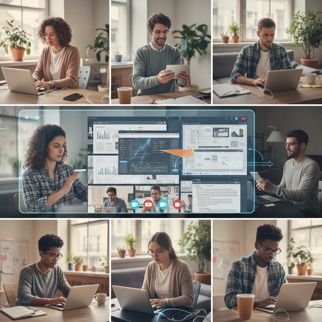 Diverse professionals collaborating remotely, illustrating specialized gig economy consulting.