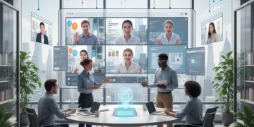 Remote Work 2026: U.S. Companies Adapting for Future Success Professionals collaborating virtually for remote work adaptation in 2026
