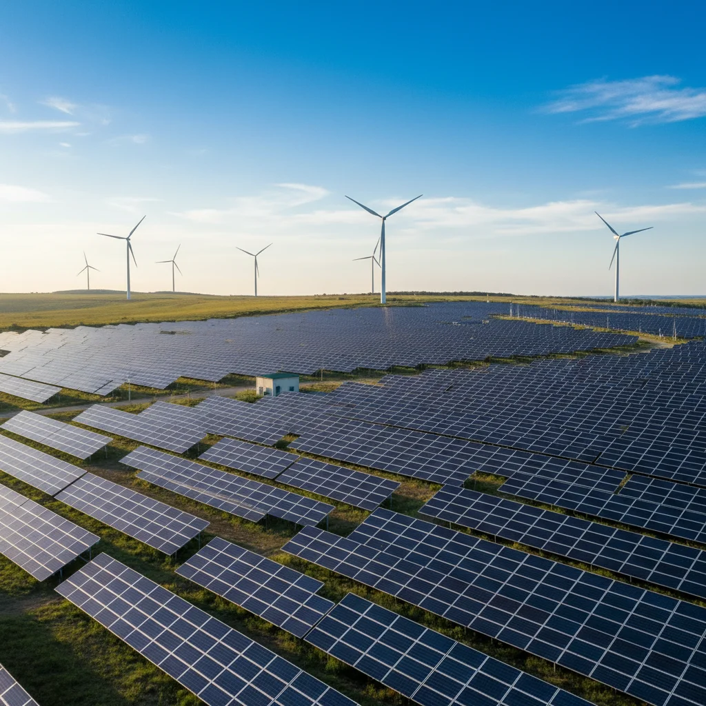 Expansive solar panel farm with wind turbines under blue sky