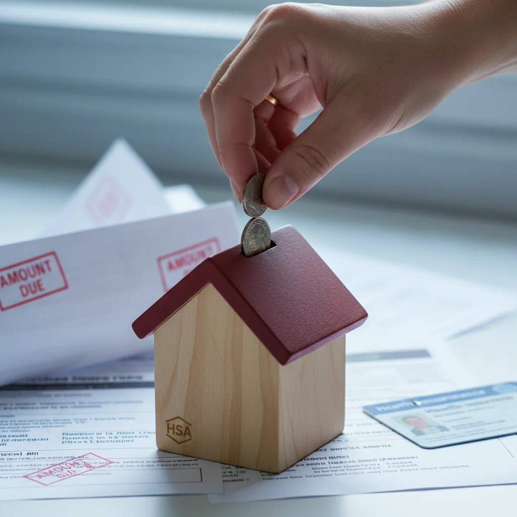 Hand placing coins into a house-shaped bank amidst medical documents, representing HSA savings.