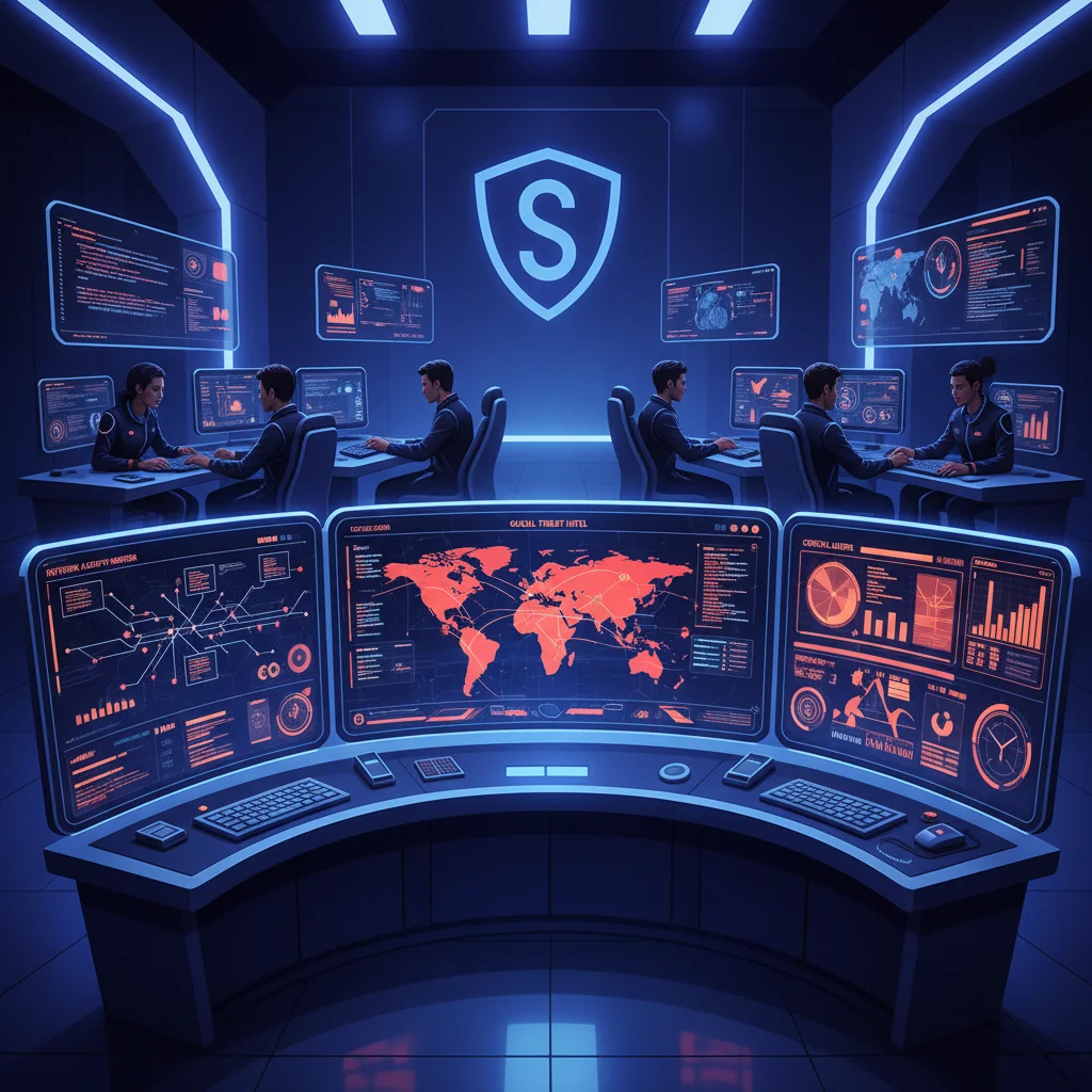 Security Operations Center (SOC) with analysts monitoring real-time cyber threats and network activity.