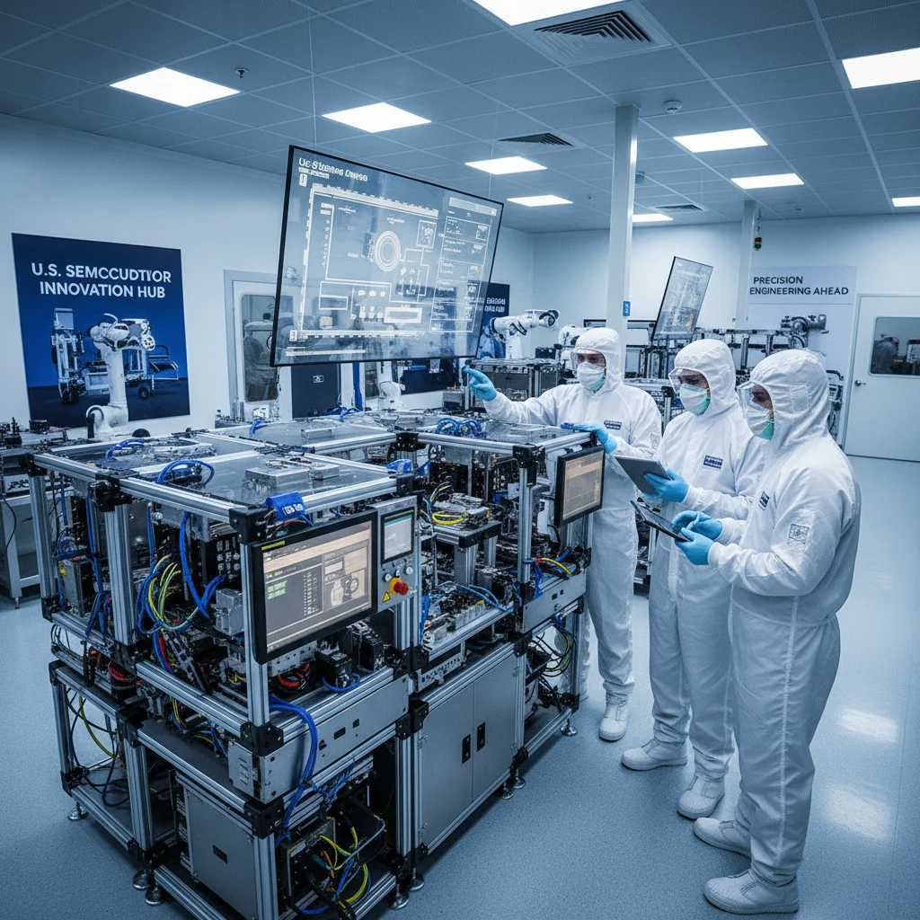 Engineers collaborating on semiconductor fabrication equipment in the USA