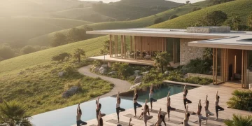 Group practicing yoga at a serene wellness retreat in the US, bathed in golden sunlight.