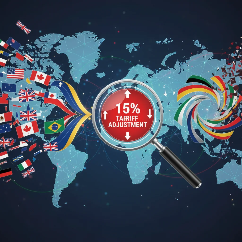 Graphic showing shifting trade blocs and a 15% tariff indicator