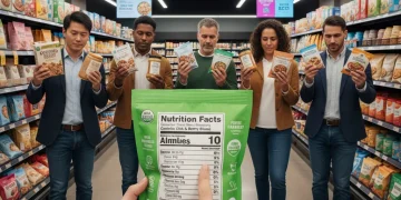 Shoppers intently examining food labels in a modern U.S. supermarket aisle, focusing on nutrition information.