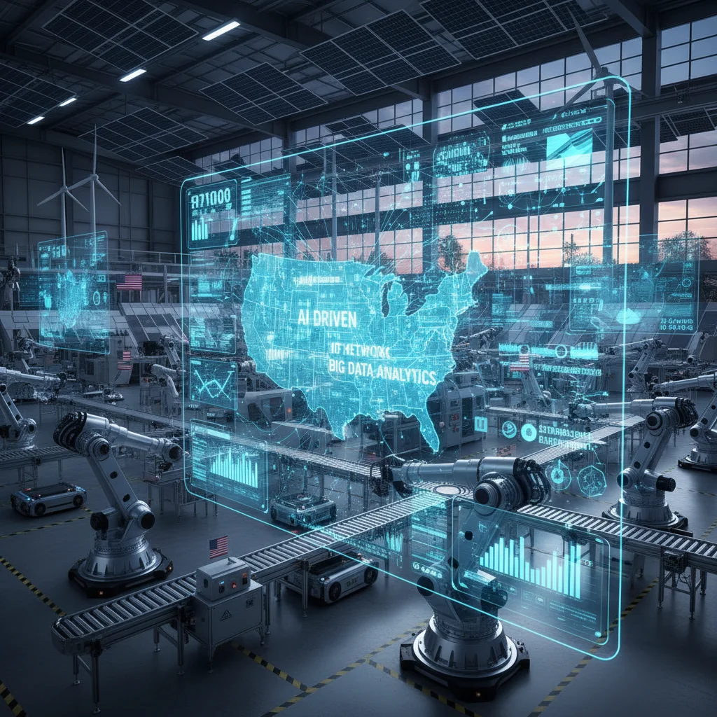 Smart factory with interconnected machinery, AI, and IoT data visualization
