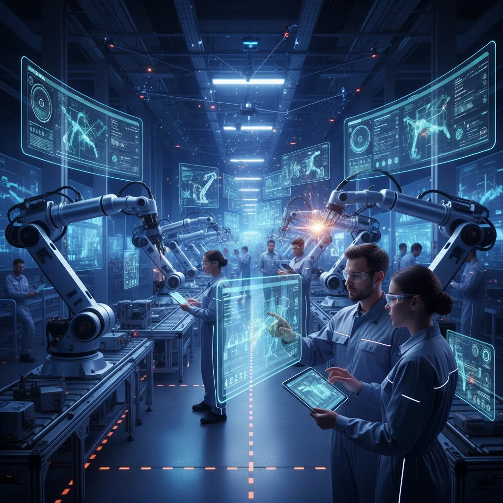 Smart factory with robots and holographic displays showcasing Edge AI in manufacturing.