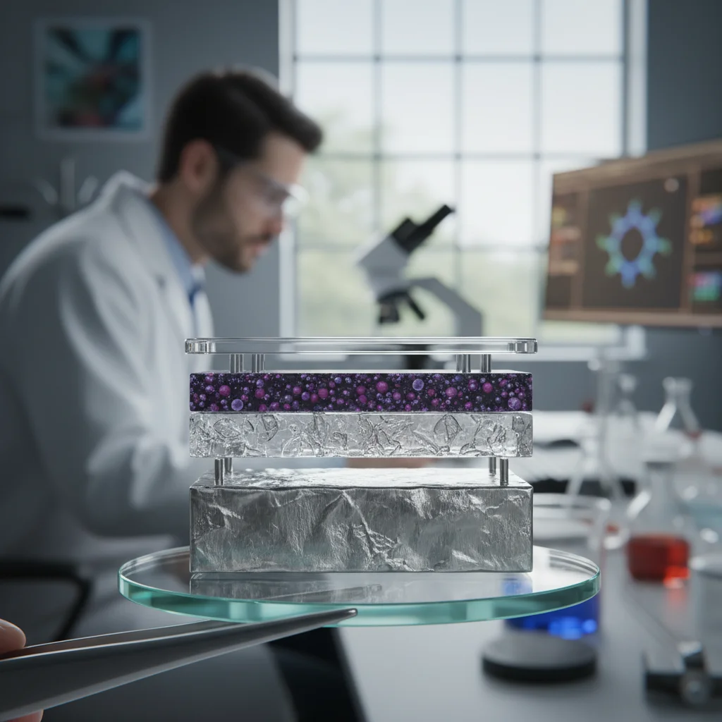 Close-up of a solid-state battery cell in a research lab.