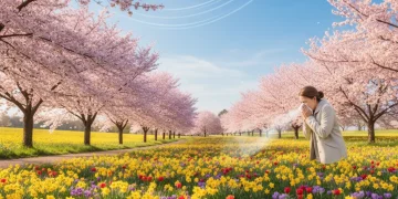 Person sneezing in a beautiful spring park, symbolizing the start of spring 2026 allergy season.