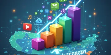 Subscription Economy Growth: U.S. Business Models Soar 25% by 2026 Illustration of subscription economy growth in the U.S. with digital icons and a rising chart.