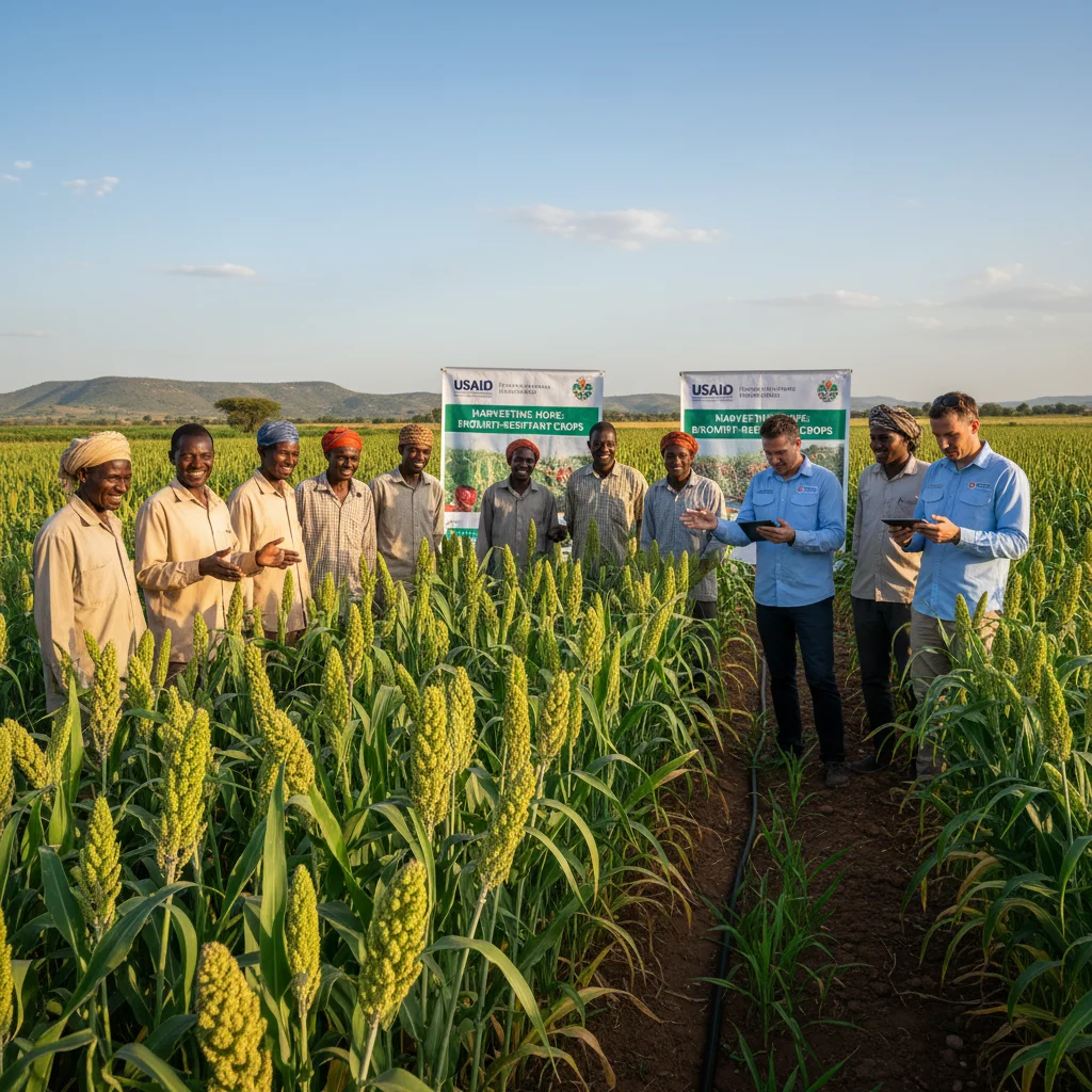 Farmers in a developing nation adopting new drought-resistant crops through U.S. agricultural aid.