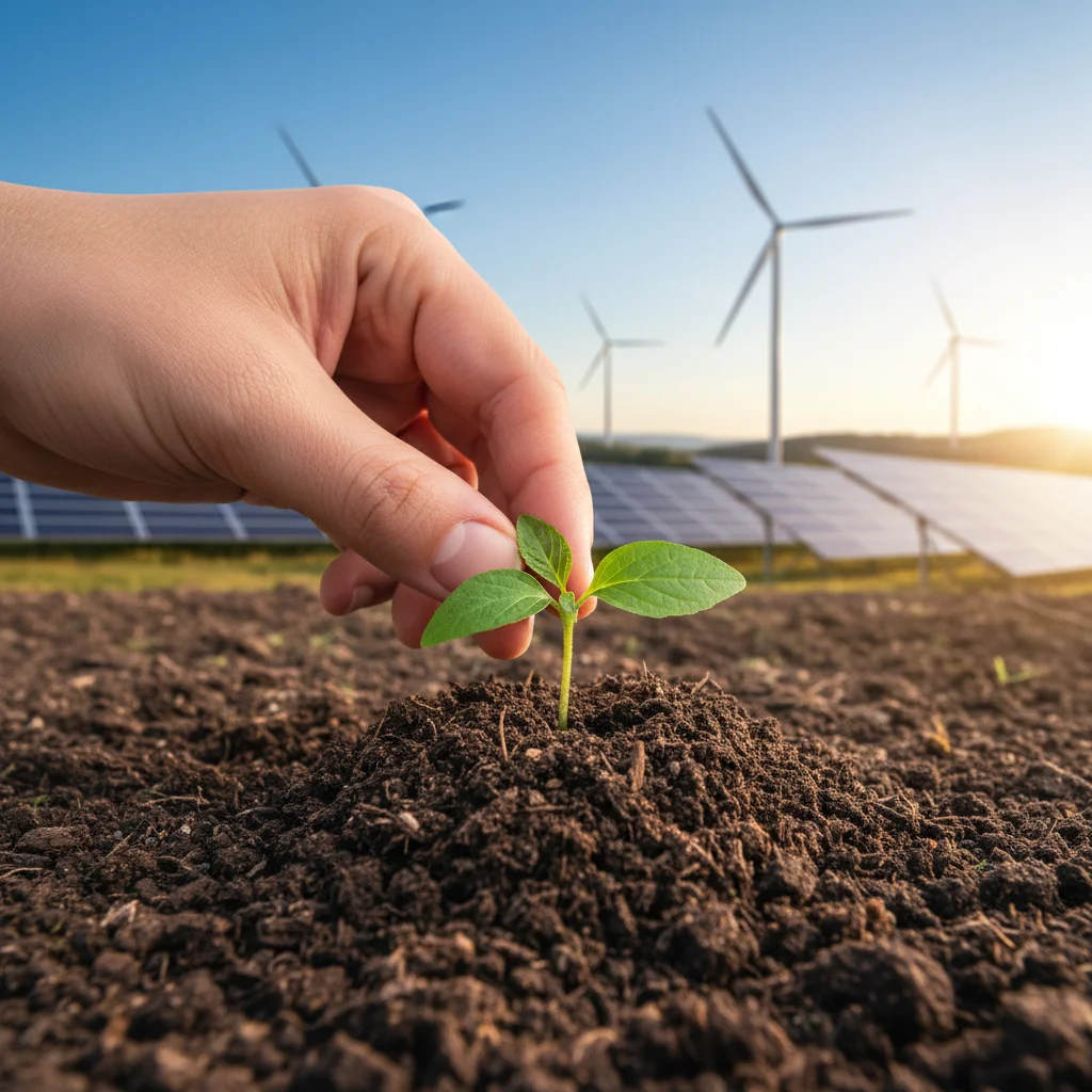 Hand planting seedling with solar panels and wind turbines in background, symbolizing sustainable agriculture and renewable energy.