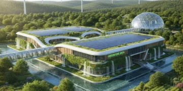 Eco-friendly data center with solar panels and wind turbines, representing sustainable technology and carbon footprint reduction.