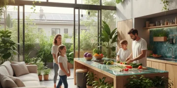 Family enjoying healthy activities in a sustainable, modern home with natural light and indoor plants, representing future well-being.