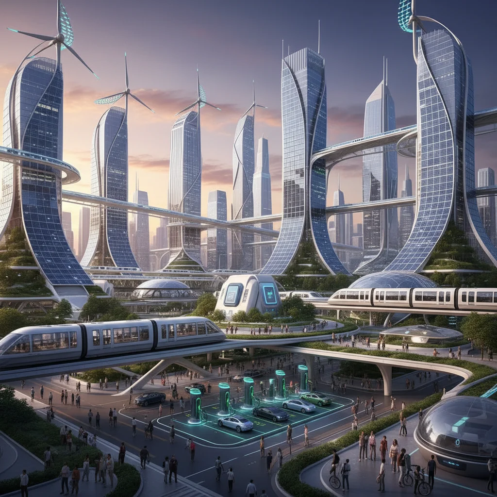 Smart city concept with renewable energy and electric vehicles, emphasizing sustainable infrastructure.