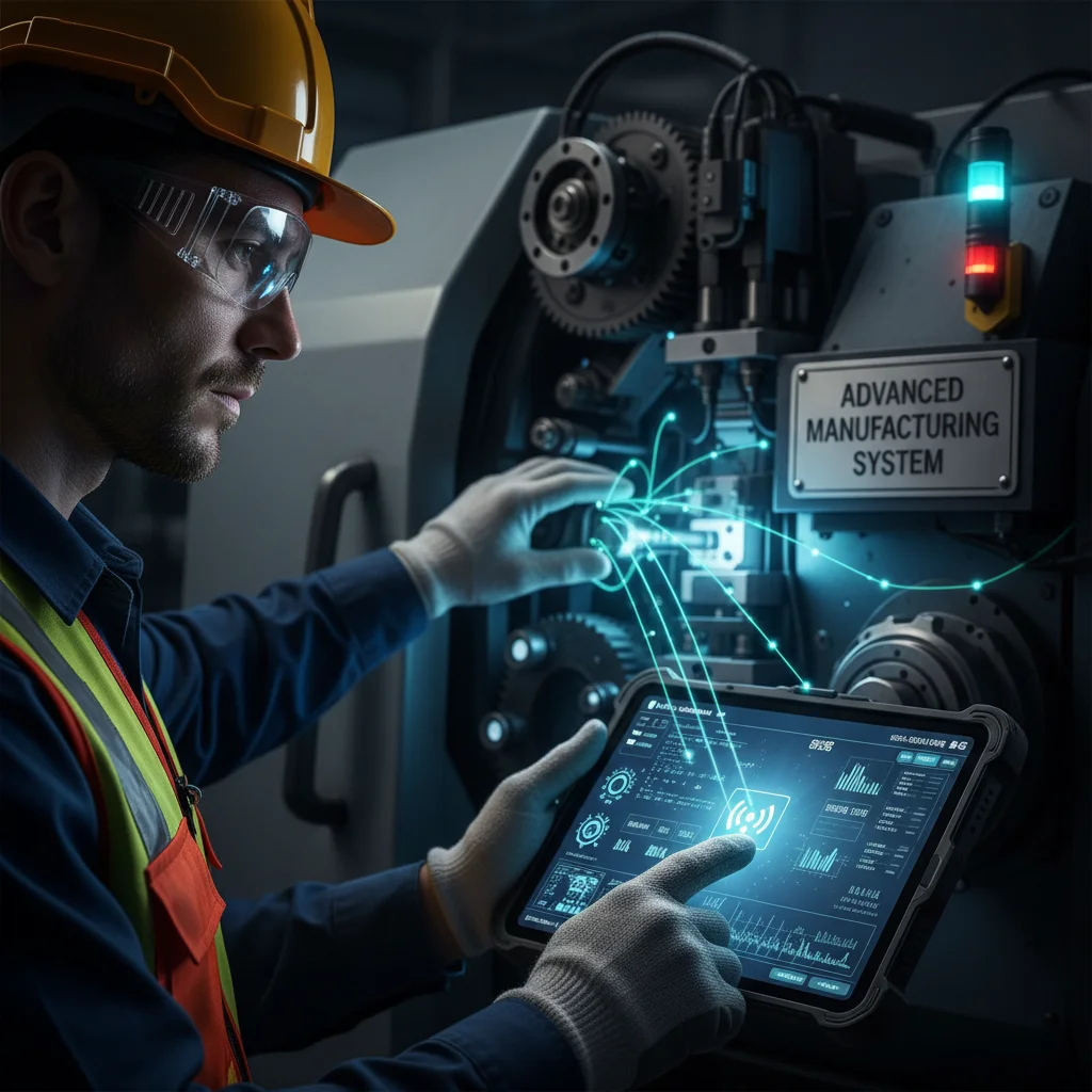Technician monitoring industrial machinery with a tablet via 5G