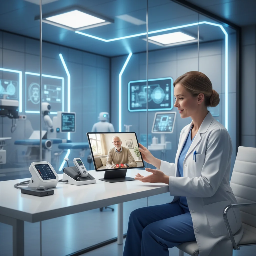 Doctor using telemedicine with patient, representing advanced healthcare technology.