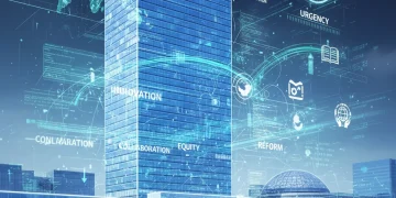 United Nations headquarters with digital reform overlays