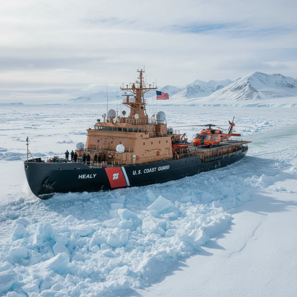 U.S. Coast Guard icebreaker navigating icy Arctic waters with a helicopter on deck.