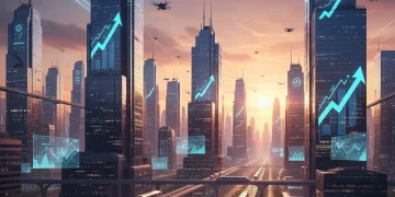 Top 5 US Growth Industries 2026: Invest for 20%+ Returns Futuristic cityscape with growth charts, symbolizing booming U.S. industry sectors and economic expansion.