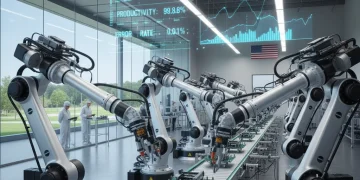 Automation in U.S. Manufacturing: Predicting a 20% Productivity Boost by 2026 Advanced robotic arms boosting productivity in a US manufacturing plant