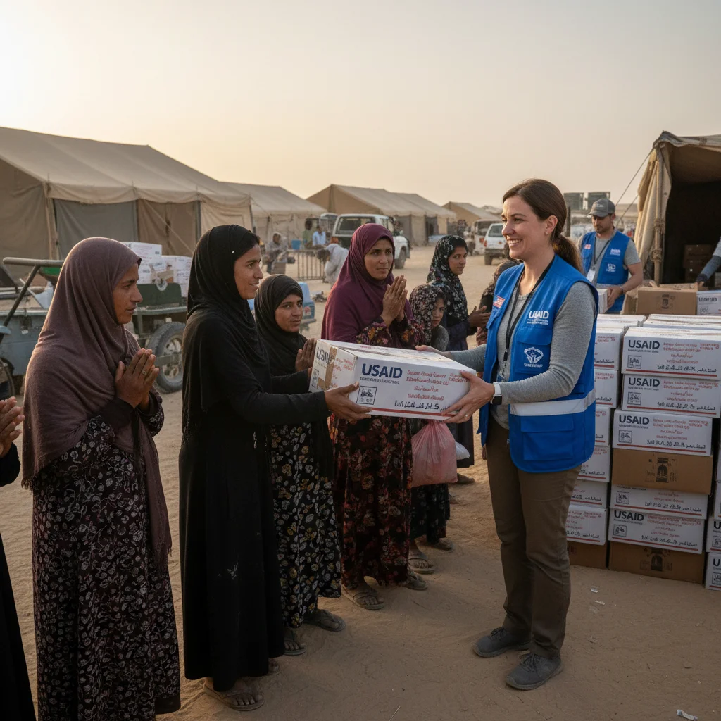 USAID official distributing vital food supplies in a refugee camp