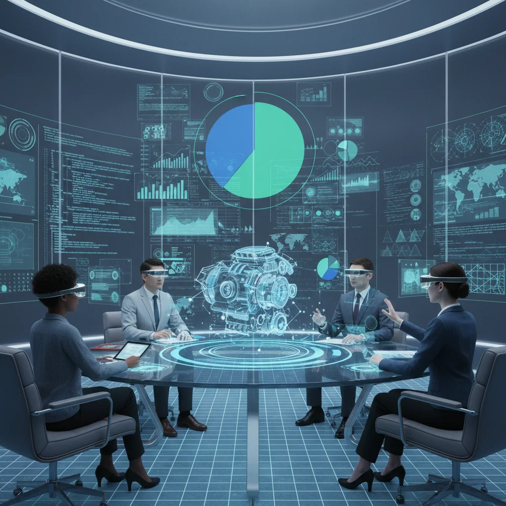 Digital avatars collaborating in an immersive virtual meeting room with holographic displays.