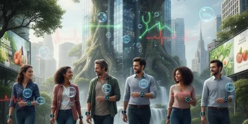 Wearable Tech Innovations: Boosting US Health Monitoring Accuracy by 40% Futuristic wearables monitoring health metrics on diverse individuals