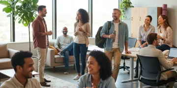 Work-Life Balance: 7 Strategies for U.S. Workforce in 2026 Professionals smiling, embodying work-life balance in a modern office.