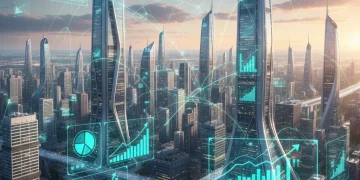 Futuristic cityscape with economic data overlays representing the 2026 US economic outlook and business growth.