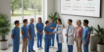 Diverse adults discussing vaccination schedules with healthcare providers in a clinic.